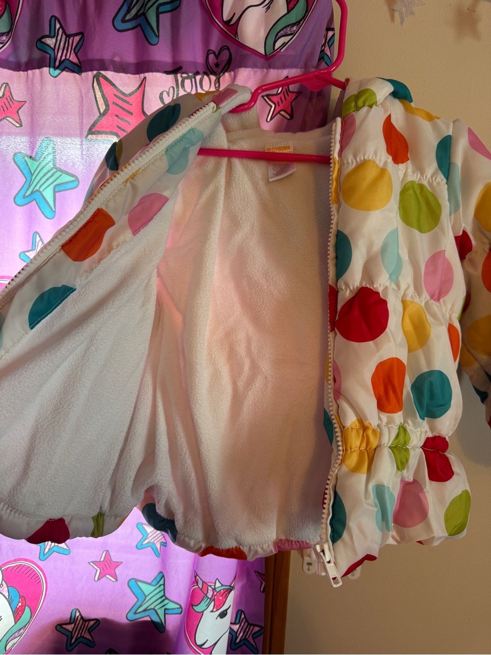 Gymboree White Puffer Jacket with Multicolor Polka Dots